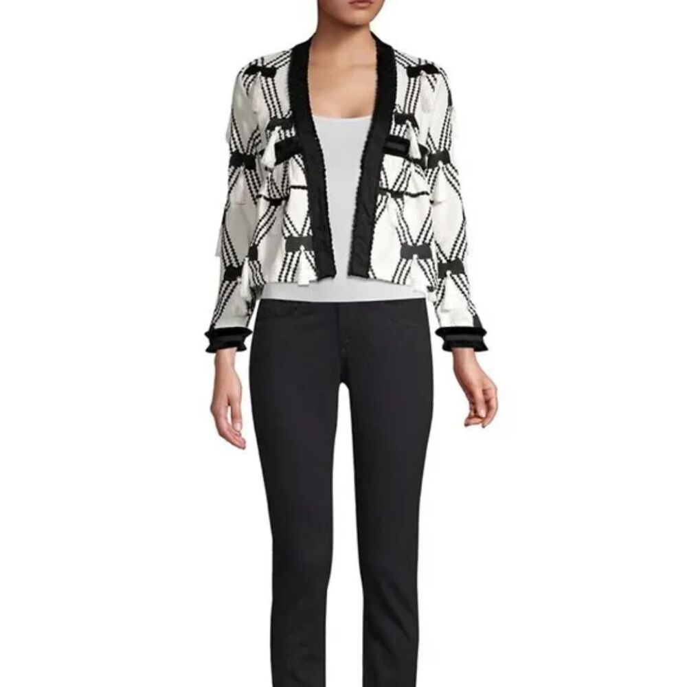 ALEXIS Womes Jacket Medium White Diamond Tassel Swing Cotton Luxury Boho $697